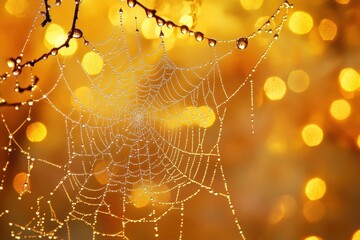 Dewy Spider Web on Branch with Golden Bokeh Background