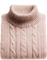 Beige Cable Knit Turtleneck Sweater Folded Neatly on a Transparent Background