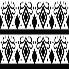 A seamless black and white ikat border pattern featuring bold geometric diamond motifs and tribal-inspired ornamental shapes.