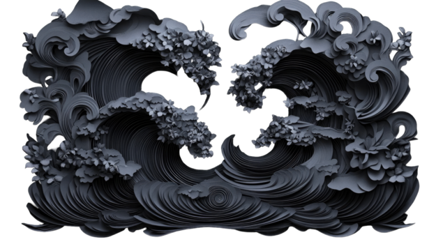 Dark, sculpted waves in a stylized, textured design
