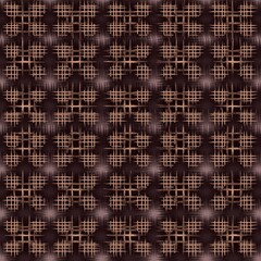 A seamless digital pattern combining traditional ikat textile style with a rustic plaid grid. The design features crosshatched lines in warm, earthy brown tones on a dark textured background