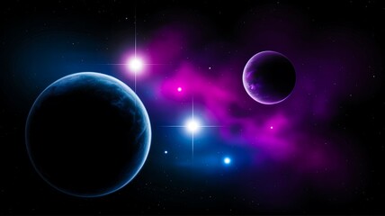 Fototapeta premium Outer space illustration with planets glowing stars and colorful nebula background 