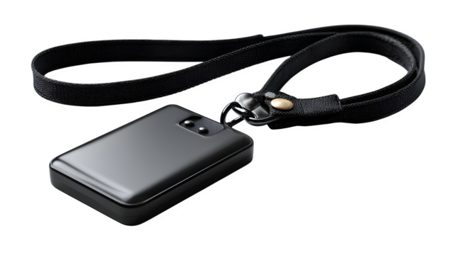 High quality, realistic photo of Lap-timing RFID transponder tag with strap, isolated on transparent background, product photography style