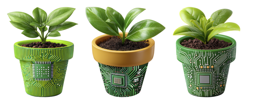 Innovative Plant Pots Featuring Circuit Patterns and Lush Green Leaves Reflecting Technology and Nature - Powered by Adobe