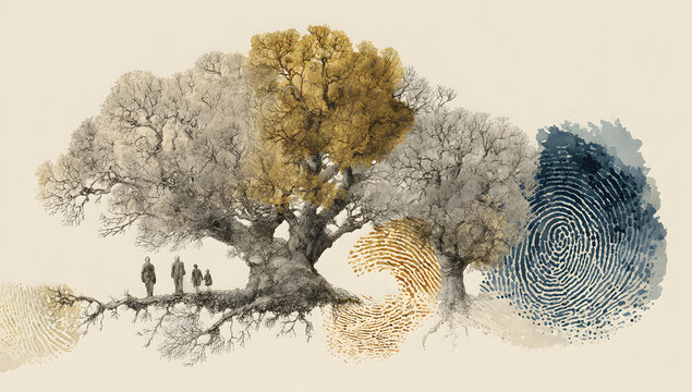 A watercolor illustration of a unique family tree, where the branches and roots are formed by fingerprints. The tree is leafless, symbolizing the family&rsquo;s lineage and connections