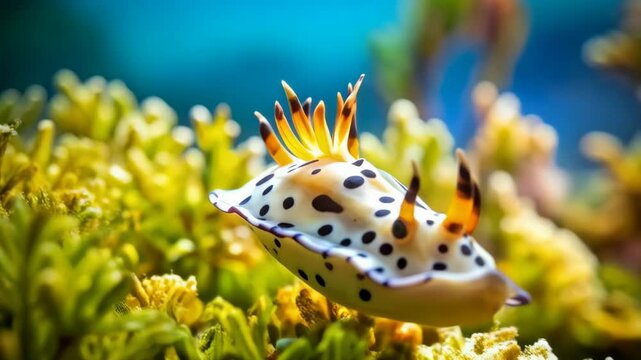 Sea Slug with Black Spots on Yellow Coral, close-up view of a colorful marine gastropod mollusk in a thriving coral reef environment