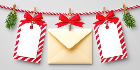 Fototapeta premium Festive Canada Day Flat Lay with Blank Envelopes, Gift Tags, and Ribbons on White Background with Copy Space for Celebratory Messages