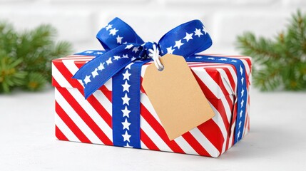 Fototapeta premium Patriotic Gift Box Mockup for Independence Day Branding with Blank Tag and Festive Elements Copy Space
