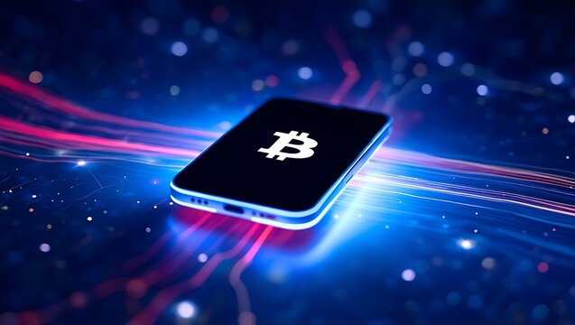 Bitcoin cryptocurrency on modern smartphone screen - Powered by Adobe