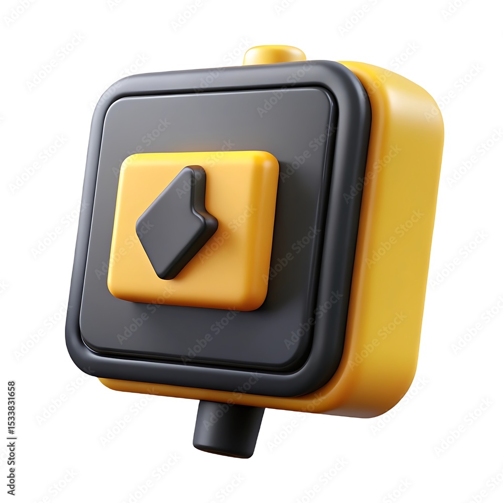 Poster modern 3d rendered yellow and black stylized button with an arrow icon pointing leftward for ui ux d