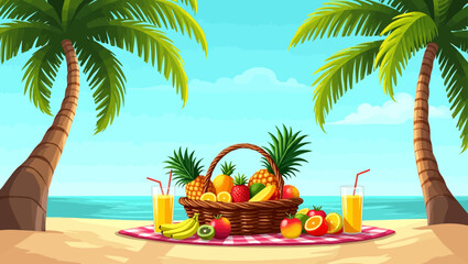 Tropical beach picnic with basket full of fruits, juice glasses, and palm trees under blue sky.
