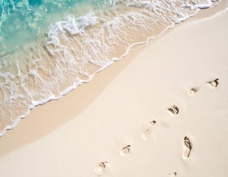 Top view of soft white sand beach with footprints and gentle waves. Perfect for natural background, travel ads, or summer design projects.