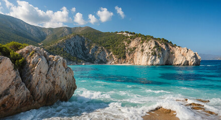 Fototapeta premium Beach Seascape Overlooking Clear Blue Ionian Waters