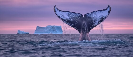 Fototapeta premium Whale tail emerging from arctic waters at sunset