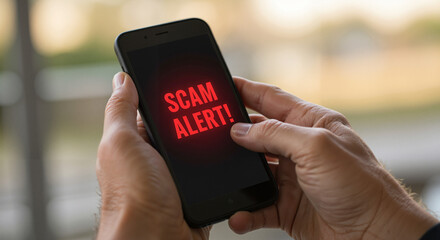 Hands holding smartphone displaying scam alert message  