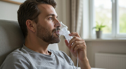 Man using nebulizer while relaxing at home on a cozy sofa  