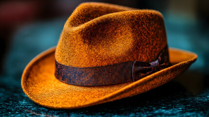 Stylish Orange Felt Fedora Hat with Dark Brown Ribbon - Detailed Close-up Product Photography