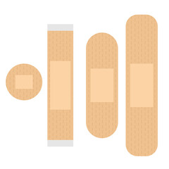 Set of wound plasters in various sizes,
used to cover minor skin wounds,
essential in doctor and first aid,
medical kit, flat design style.