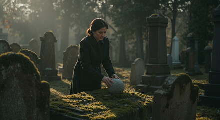 Mourner placing stone on grave in cemetery during foggy morning  