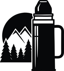 Silhouette Of A Thermos With Mountain Scene - High Quality Vector Graphic