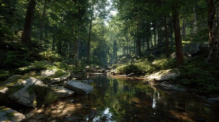 Obraz premium maple forest with stream, morning light filtering through canopy, photorealistic