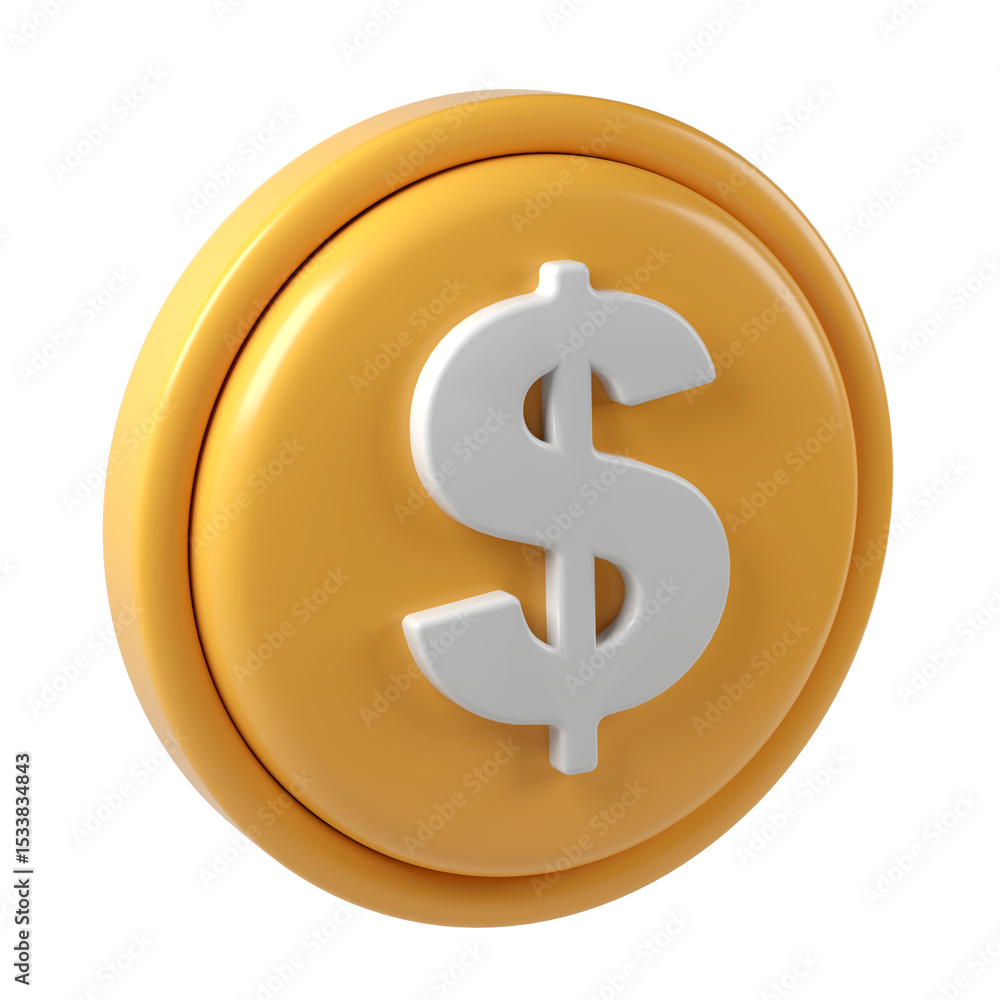 Poster 3d rendering icon of a large golden finance payment coin showing a white dollar sign, isolated on tr