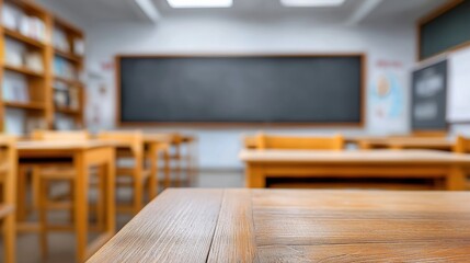 Empty classroom with wooden desks and chalkboard in soft focus