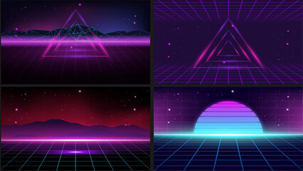 Colorful retro 80s and 90s futuristic background bundle design. Neon gradient synthwave and cyberpunk style textures.