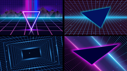 Trendy colorful retro 80s and 90s background bundle design. Rainbow gradients, striped abstract patterns, and analog cassette-inspired background designs. 