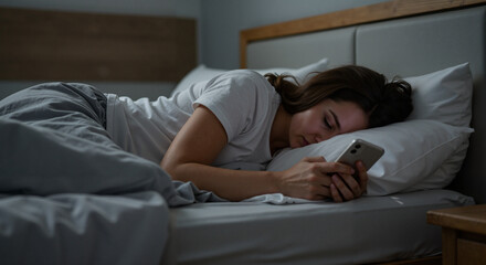 Young woman lying in bed while texting on her phone at night  