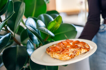 Hand holding a plate with a slice of pepperoni pizza in front of lush green foliage. Vibrant composition blending food and nature for a fresh, appetizing visual.