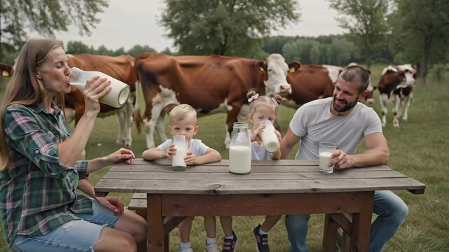 happy parents and children drinking milk from a glass in the village, cows in the background, summer
