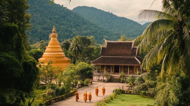 A golden pagoda shines brightly amidst forested mountains, reflecting faith and serenity.