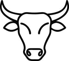 Outlined illustration shows a black and white linear simple bull head with curved horns