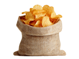 Crispy potato chips in burlap sack delicious snack food, Isolated On Transparent Background