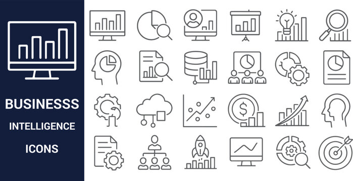 Business Intelligence Icons Data Analysis, Strategy, and Growth Visualization