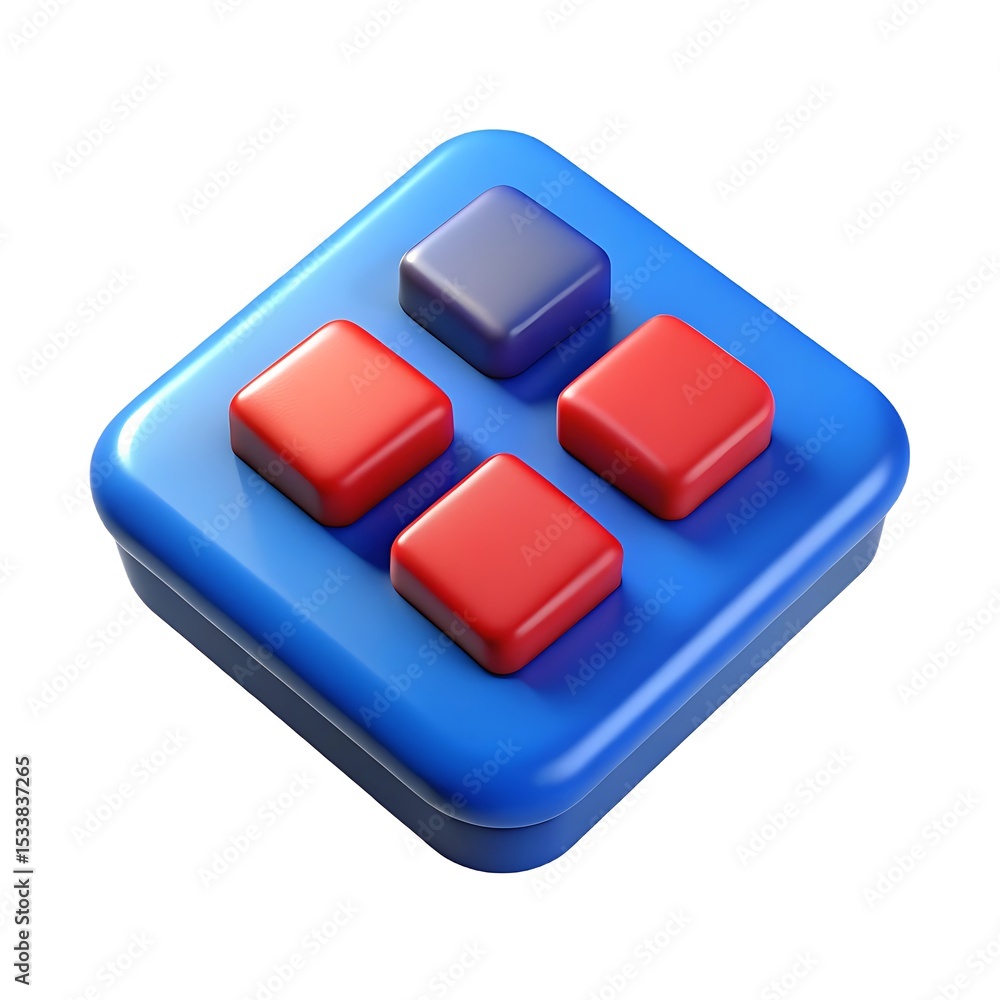 Poster 3d rendered blue game controller with red and purple buttons on a white isolated background