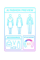 AI fashion preview with female clothing styles, accessories, and style rating gauge showing 8.5 score in neon design