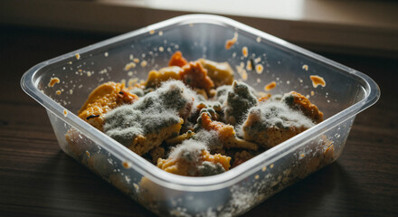 Moldy leftovers in plastic food container on wooden table  