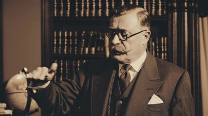 Sepia-toned video still of a distinguished man in a suit, gesturing near a globe. Captured from a mid-angle, evoking a vintage, scholarly vibe.