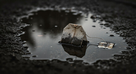 Tea bag floating in a puddle on wet asphalt surface  