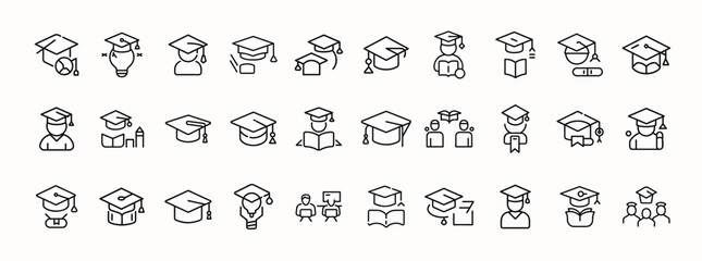 Graduation and Education Line Icons Set for Schools, Colleges, Online Learning, Academic Success, and Student Life