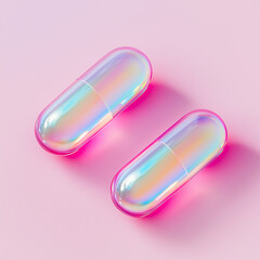 Two iridescent capsules with holographic sheen lie on a pastel pink background.
