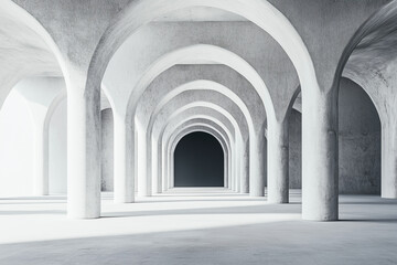 Monochrome concrete arches form a dramatic symmetrical corridor leading into darkness.