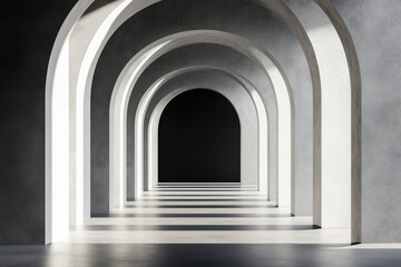 Fototapeta premium White concrete arches with deep shadows creating a tunnel effect in minimal modern architecture.