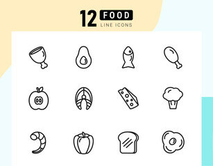 A set of vector icons of healthy food products in a linear style. Fish, meat, chicken, fruits and vegetables, for the design of the application, for the website, elements for web design.