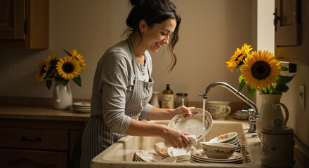 Woman washing vintage dishes at the kitchen sink with sunflowers  