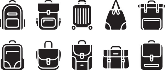 A set of black silhouette icons representing different types of bags, including backpacks, suitcases, totes, and briefcases vector art on white