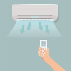 Hand holding air conditioner remote graphic design illustration
