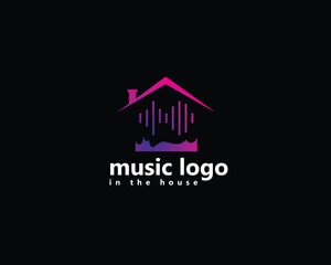 home music logo, house with music waves inside logo design inspiration